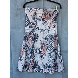 Next Strapless Lace Tropical Palm Floral Dress Navy Peach Cream Size UK 10 US 6